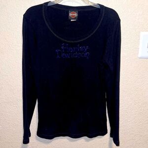 Harley Davidson- Blue Rhinestone Bejeweled Black Long Sleeve T-Shirt, Size Large
